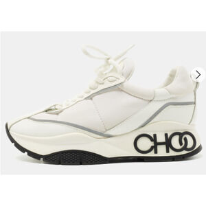 Jimmy Choo Leather and Neoprene Raine Choo Logo Platform Sneakers White EU 37.5